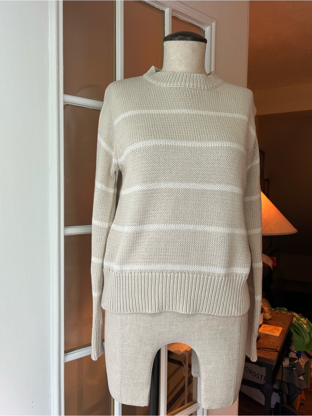 Elie Tahari beige striped cotton knit sweater. XS
